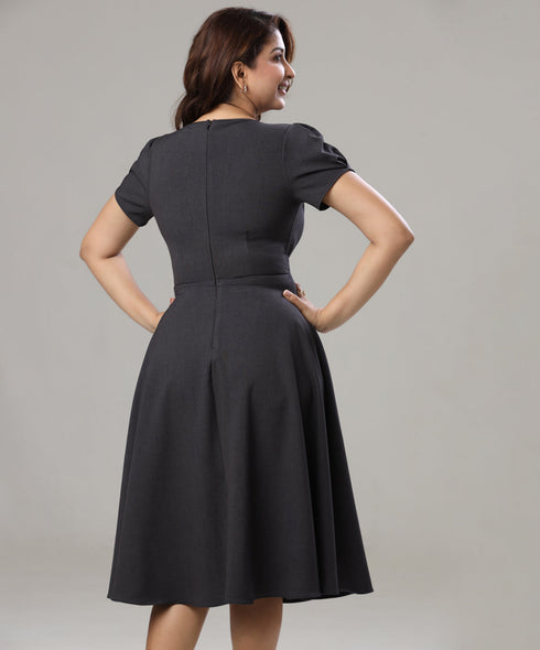 Front Neck Pleated Skater Grey Dress